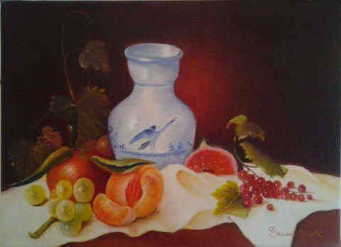 vase bleute et ses fruits
